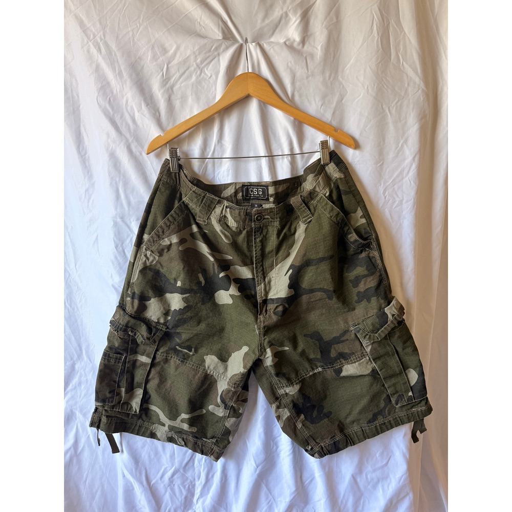 CSG Champs Sports Gear Mens Camo Cargo Shorts Green Woodland Ripstop Size 38